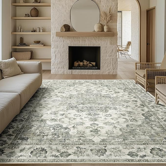 10x12 Neutral Area Rug Green Floral Living Room Bedroom Large Carpet Low Pile Vintage Non-Slip Soft Thin Washable Throw Rug for Dining Room Office Kitchen Indoor Nursery