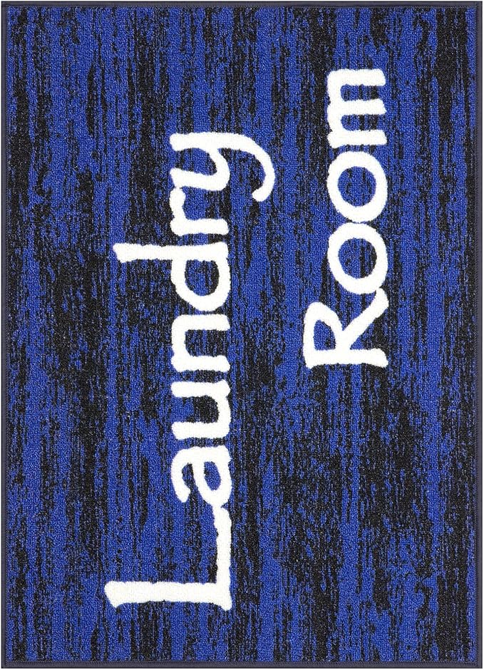Machine Washable Text Design Laundry Room Rug Non-Slip Rubberback 2x3 Laundry Area Rug for Laundry Room, Bathroom, Washroom, 26" x 35", Black/Blue