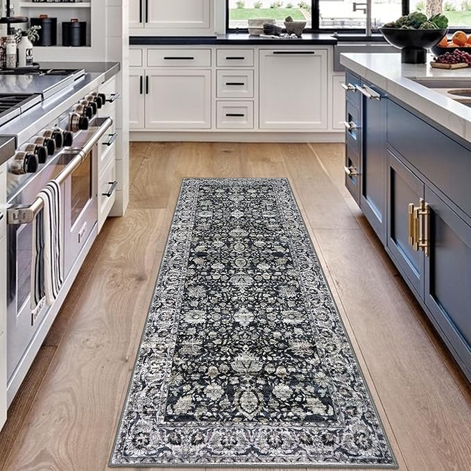 Vintage Kitchen Runner - 2x6 Floral Rug, Washable, Non-Slip, Low Pile, Distressed Boho Rug for Hallways, Bedroom, Laundry Room, Entryway