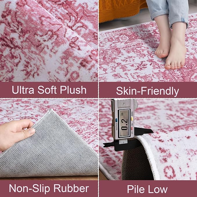 Keeko Small Rugs for Entryway, 2x3 Living Room Area Rug Vintage Door Mat Accent Bedroom Bedside Rug Indoor Retro Non Slip Front Door Print Throw Rugs for Kitchen Laundry Room Decor Reddish Pink