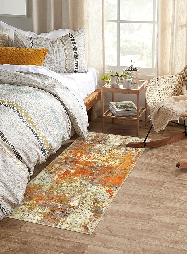 Lahome Modern Abstract Runner Rug - 2x4.3 Washable Kitchen Soft Laundry Room Rugs Bathroom Mat, Contemporary Non Slip Indoor Throw for Entryway Living Room, Yellow/Gold/Cream 2' x 4.3'