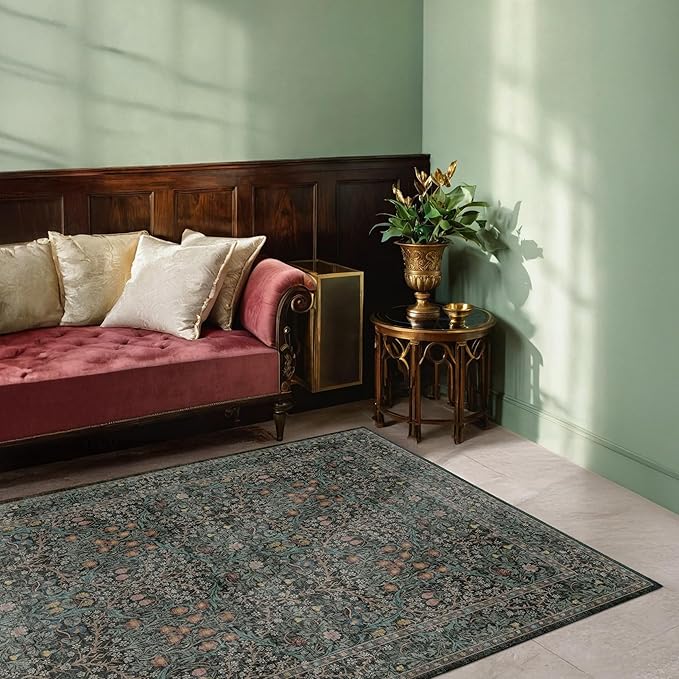Washable Vintage 5x8 Living Room Rug, Dark Green Floral Area Rug for Bedroom Under Bed, Dining Room Under Small Dining Table, Office - Oriental Low Pile Non Slip & Stain Resistance (5x8 Dark Green)