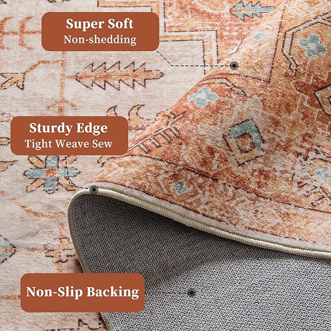 9x12 Rug, Washable Neutral Boho Modern Vintage Non Slip Floral Area Carpet, Low Pile Soft Rugs, Slip Resistance, Pet-Friendly, Durable Rug for Living Room, Bedroom, Kitchen, Dining Room
