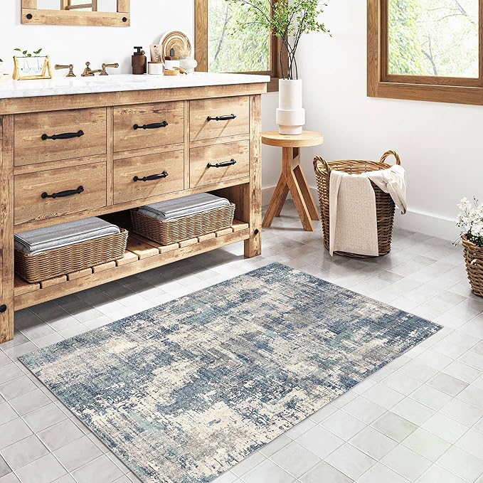 2x3 Entryway Rug Machine Washable Area Rug Small Blue/Grey Rugs Entrance Door Mat Indoor Rug Abstract Low Pile Carpet Kitchen Bedroom Office Non Slip