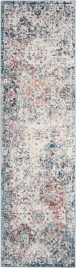 SAFAVIEH Madison Collection Runner Rug - 2'3" x 18', Navy & Teal, Boho Chic Distressed Design, Non-Shedding & Easy Care, Ideal for High Traffic Areas in Living Room, Bedroom (MAD611N)