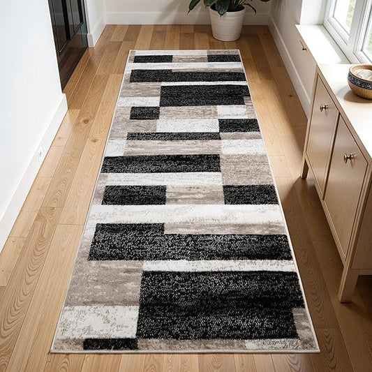 Superior Indoor Runner Rug, Jute Backing, Plush Modern Rugs for Entryway, Kitchen Floors, Office Floor Cover, Color Block Rugs, Rockwood Collection, 2' 7" x 10', Ivory/Beige