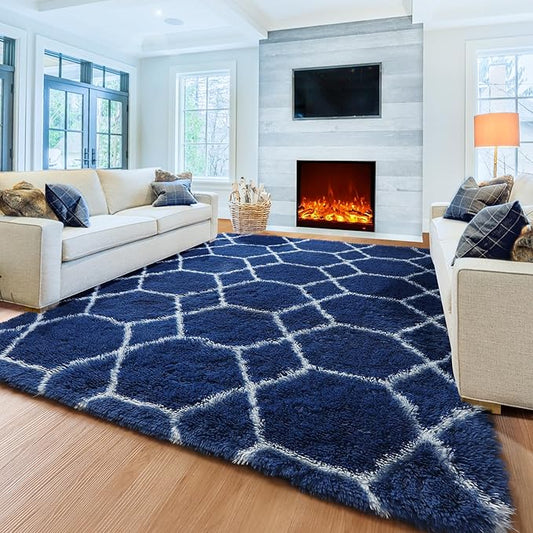 ONASAR Large 8x10 Area Rugs for Living Room, Fluffy Geometric Navy and White Rug for Boys Bedroom Home Decor Aesthetic, Soft Shaggy Plush Floor Carpet for Girls Teen Nursery Playroom Office Dorm