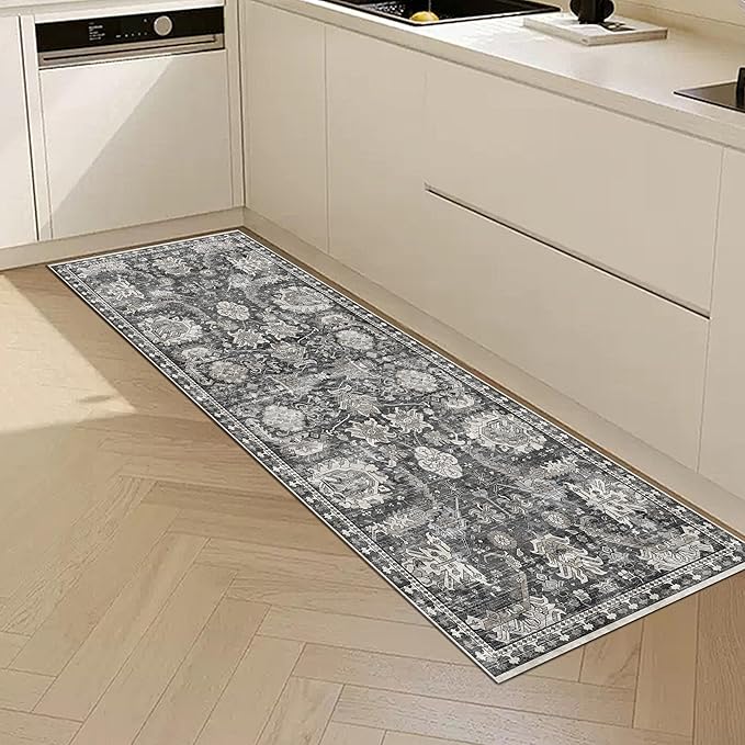 Washable Area Rugs - Perfect for Living Room, Bedroom, Kids Room, Nursery - Stain & Water Resistant Non-Slip, Pet & Child Friendly, Vintage Tribal Area Rugs (Grey, 2'6'' x 8')