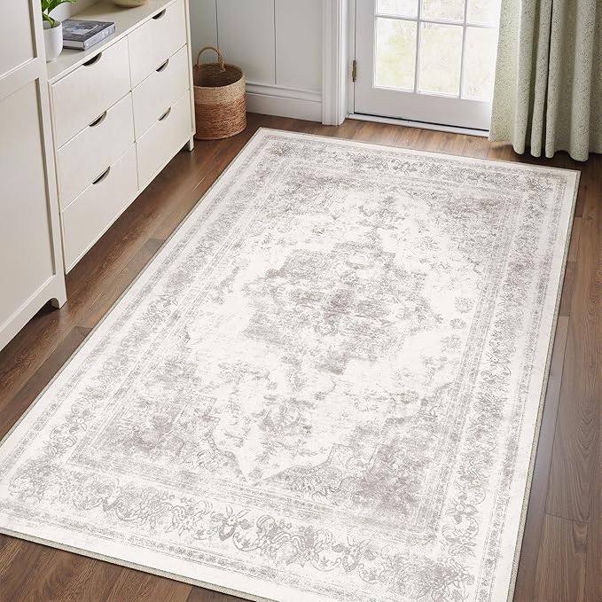Area Rug 4x6 Washable Light Gray Rug Vintage Boho Medallion Entryway Door Mat Grey Distressed Retro Carpet Non Slip Low Pile Small Soft for Office Kitchen Bedroom Laundry Bathroom Hallway