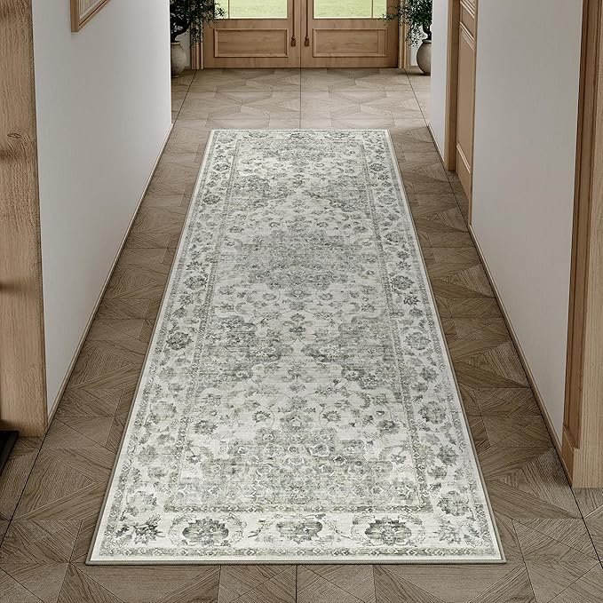 2x6 Washable Neutral Runner Rug Green Hallway Kitchen Non-Slip Low Pile Floral Carpet Vintage Soft Thin Throw Rug for Bathroom Bedroom Entryway Laundry Dining Room