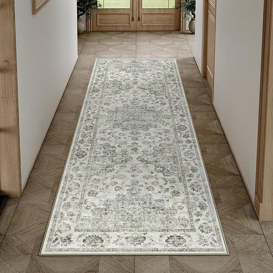 2x6 Washable Neutral Runner Rug Green Hallway Kitchen Non-Slip Low Pile Floral Carpet Vintage Soft Thin Throw Rug for Bathroom Bedroom Entryway Laundry Dining Room