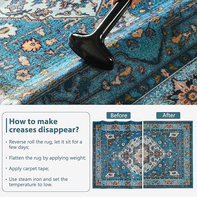 YJ.GWL Large Area Rug for Living Room, 5x7 Machine Washable Boho Rug for Bedroom, Low Pile Lightweight Thin Rugs Floral Vintage Distress Print Pattern Carpet for Dining Room, Blue/Multi