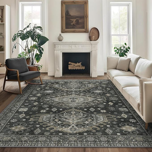 3x5 Area Rugs for Living Room, Machine Washable Rug Non Slip, Vintage Chenille Distressed Print Carpet, Large Low Pile Ultra-Thin Lightweight Rugs for Bedroom, Dining Room, Office Green Black
