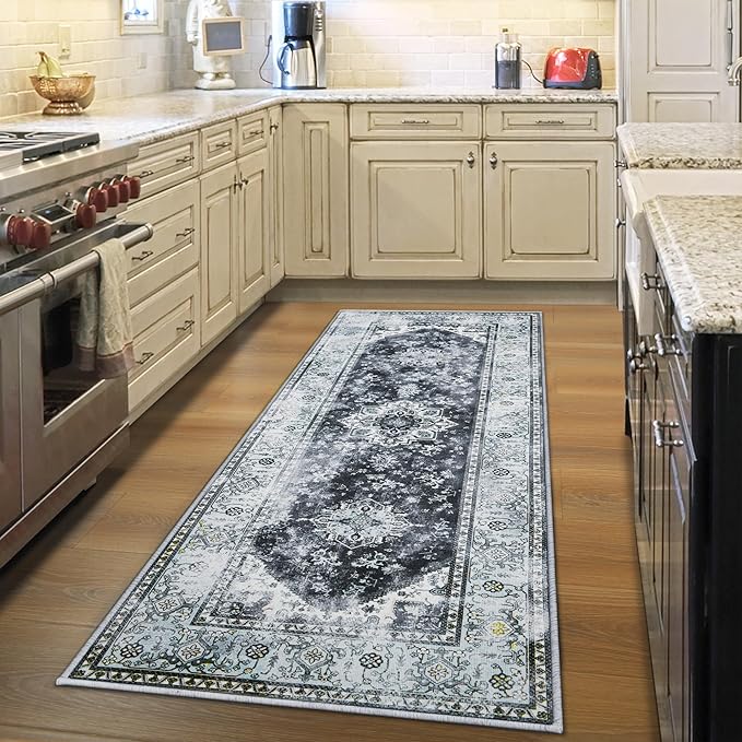 YJ.GWL Area Rug 2x6, Machine Washable Hallway Runner Rug, Boho Floral Vintage Distress Print Pattern Carpet, Low Pile Lightweight Thin Rugs for Entryway, Kitchen and Corridor, Blue/Grey