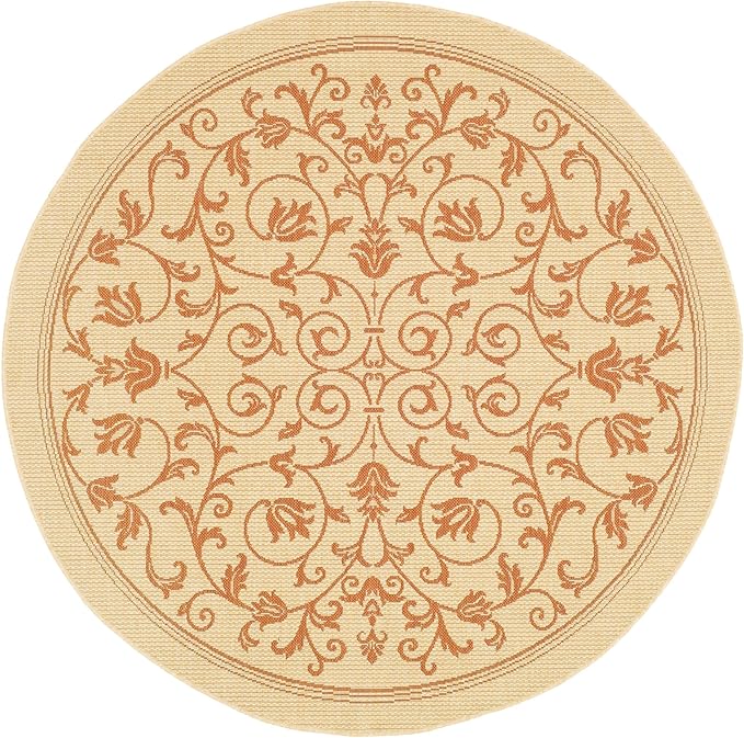 SAFAVIEH Courtyard Collection Area Rug - 6'7" Round, Natural & Terra, Scroll Design, Non-Shedding & Easy Care, Indoor/Outdoor & Washable-Ideal for Patio, Backyard, Mudroom (CY2098-3201)