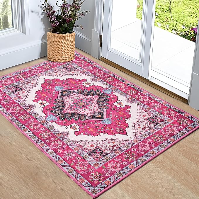 Noahas Front Door Mat Indoor Outdoor Entrance,2x3 Small Hot Pink Area Rugs Vintage Machine Washable Rugs Non-Slip Low Pile Carpets for Entryway Porch Bathroom Kitchen Bedroom Laundry Room Home Decor