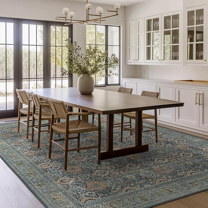 10X12 Area Rugs Machine Washable Rugs for Living Room, Vintage Boho Large Rugs for Bedroom Dining Room, Non Slip Indoor Soft Distressed Lightweight Thin Low Pile Carpet, Beige Blue Grey