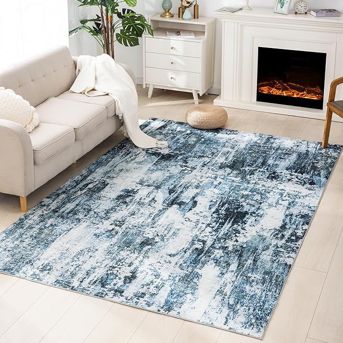 Carvapet Rugs for Living Room Bedroom, Modern Abstract Low Pile Large Carpet with Rubber Backing, Foldable, Non Slip Machine Washable Indoor Decor (9 x 6 Feet Rectangular, Blue Area Rug)