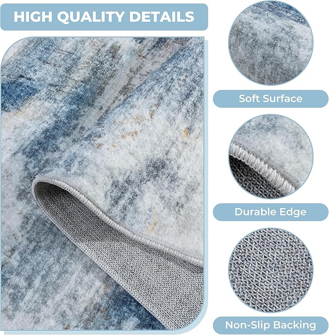 4'x6' Washable Area Rug - Modern Abstract Carpets for Living Room, Bedroom & Dining Room, Stain Resistant, Soft Non-Slip, Machine Washable (Blue Grey)