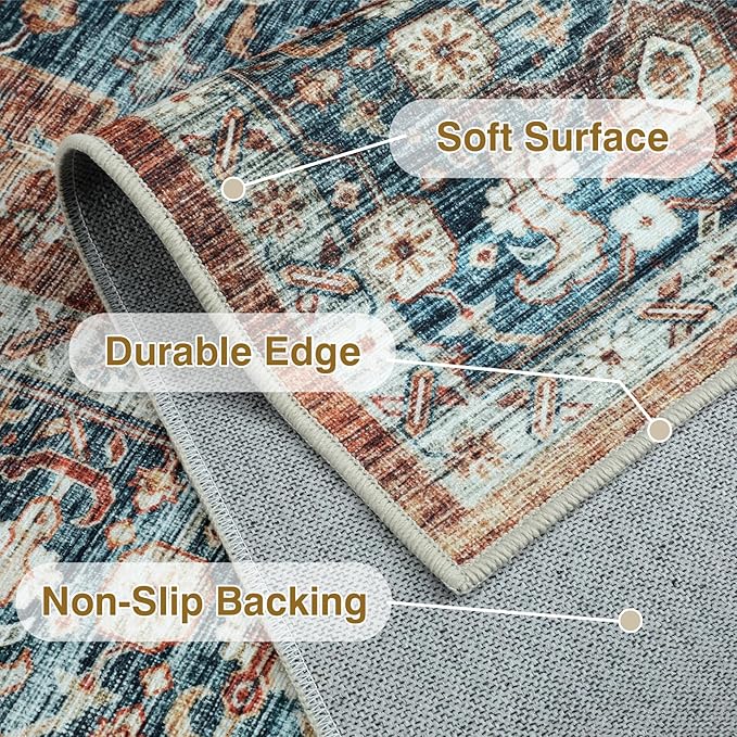 Washable Rugs 4x6, Stain Resistant Lightweight Anti-Skid Rugs for Living Room, Distressed Vintage Boho Red Rug Floor Carpet Bedroom Dining Room Office