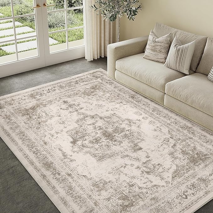 Washable Rug 8x10 Area Rug for Living Room Taupe Vintage Boho Medallion Large Distressed Retro Carpet Non Slip Indoor Low Pile Small Soft Bedroom Dining Room Home Office