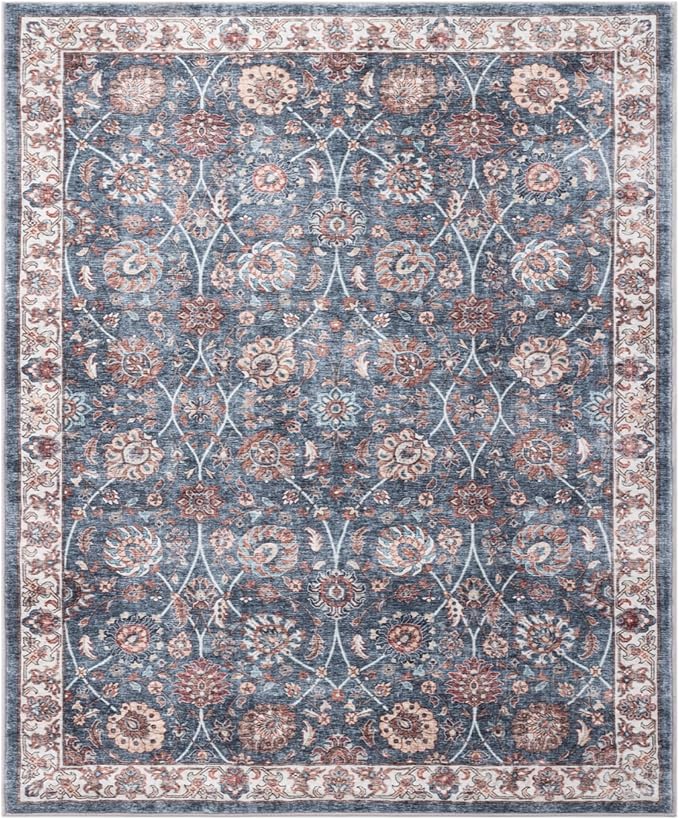 Carvapet Floral Rugs for Living Room Bedroom, Vintage Dark Blue Low Pile Large Carpet with Rubber Backing, Foldable, Non Slip Machine Washable (9 x 6 Feet Rectangular, Dark Blue Area Rug)
