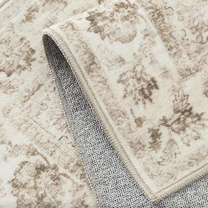 10x12 Neutral Area Rug Beige Floral Living Room Bedroom Large Carpet Non-Slip Low Pile Vintage Soft Thin Washable Throw Rug for Dining Room Office Kitchen Indoor Nursery