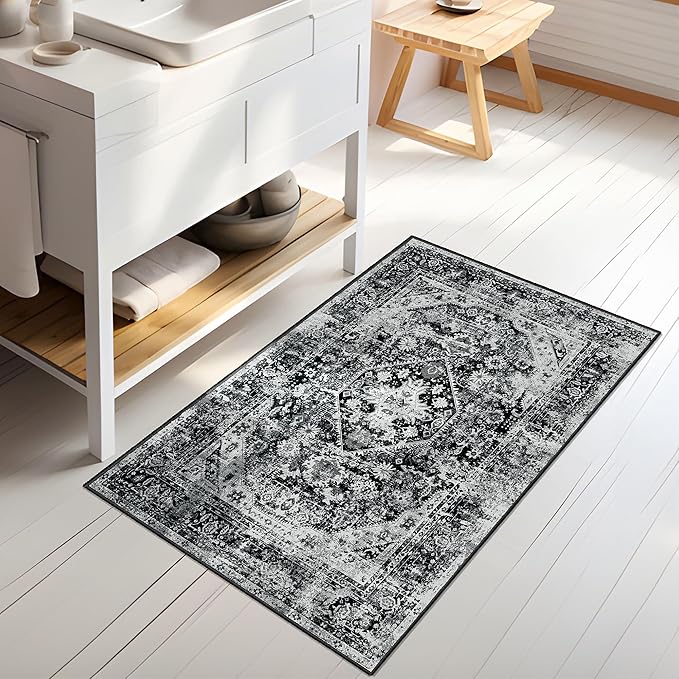 MUJOO Black Rug Washable Small Entryway Rug Boho Bathroom Rugs for Bedroom Non Slip Throw Carpet Entry Area Rug for Front Door Laundry Room Soft Floral Indoor Home Decor 2'x3'