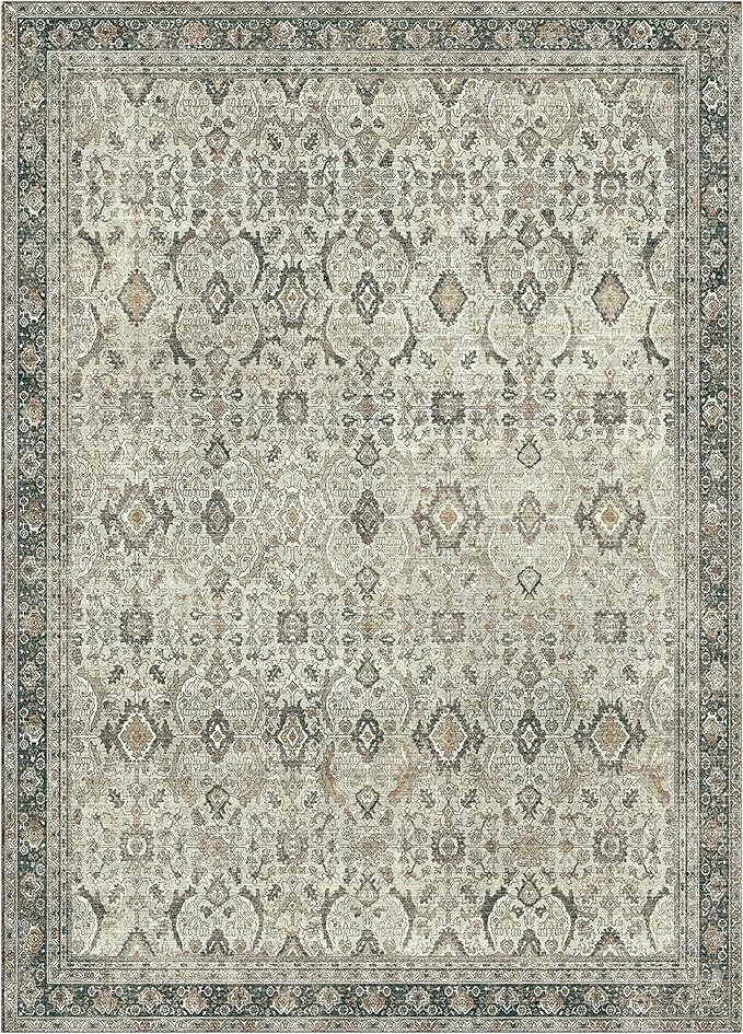 8X10 Area Rugs Machine Washable Rugs for Living Room, Vintage Boho Large Rugs for Bedroom Dining Room, Non Slip Indoor Soft Distressed Lightweight Thin Low Pile Carpet, Tan
