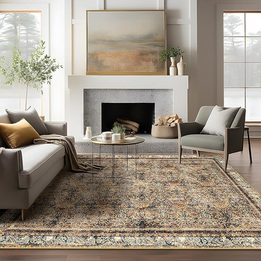 Phantoscope Vintage Collection Area Rug 5'x7' for Living Room - Washable Rug Large Boho Carpet Non-Slip for Bedroom Dining Room, Indoor Low-Pile Neutral Distressed Accent Rug, Dark Brown/Orange Spice