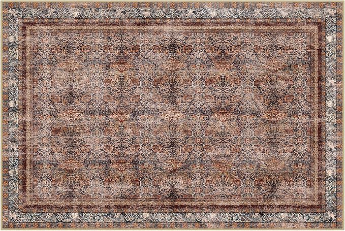 Phantoscope Vintage Collection Area Rug - 8'x10' Large Living Room Rug - Washable Boho Non-Slip for Bedroom & Dining Room, Distressed Accent Floor Carpet, Low-Pile, Brick Red/Black
