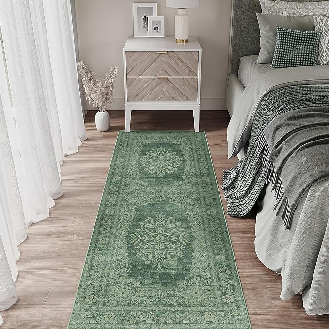 2x6 Runner Rug Green Washable Hallway Kitchen Bedroom Vintage Distressed Bathroom Non Slip Medallion Floral Carpet Indoor Retro Throw Floor Mat for Office Dining Laundry Living Room