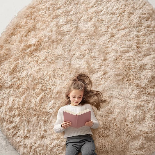 OLANLY Beige Round Rugs for Bedroom - Machine Washable, 9x9 Feet Circle Area Rugs for Living Room, Soft and Fluffy Shaggy Carpet for Teen Girls and Boys, Nursery Rooms, Dorms, Home Decor Aesthetic