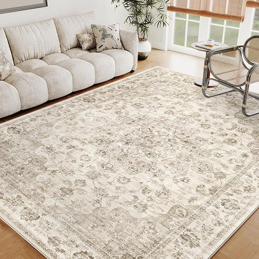 5x7 Washable Neutral Area Rug Beige Floral Living Room Bedroom Carpet Non-Slip Low Pile Vintage Soft Thin Throw Rug for Dining Room Entryway Dorm Office Kitchen Bathroom
