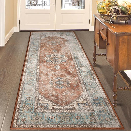 YJ.GWL Area Rug 2x6, Machine Washable Hallway Runner Rug, Boho Floral Vintage Distress Print Pattern Carpet, Low Pile Lightweight Thin Rugs for Entryway, Kitchen and Corridor, Brick
