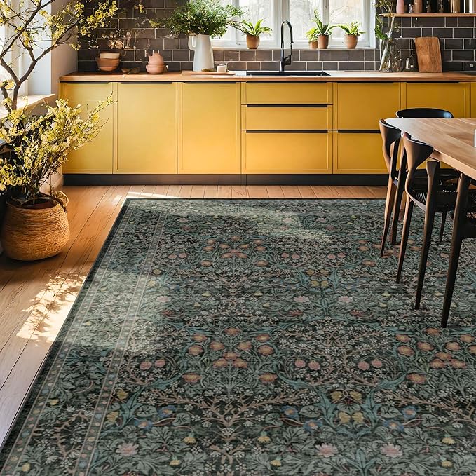 Washable Dark Green Rug for Living Room - 9x12 Large Area Rug for Dining Room Under Table, Bedroom, Soft Low Pile Non-Slip Stain Resistant Carpet - Vintage Floral Design (9x12 Dark Green)