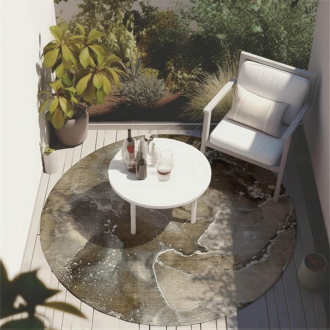 Addison Rugs Chantille ACN518 Brown 8' x 8 Indoor Outdoor Round Area Rug, Stain Resistant, Machine Washable, Non Shedding, Bedroom, Living Room, Dining Room, Kitchen Rug