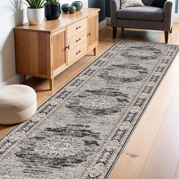 3x12 Runner Rug for Hallway Washable: Non Slip Kitchen Rugs with Rubber Backing Soft Waterproof Mats Stain Resistant Indoor Vintage Carpet Runner for Bedroom Bathroom Laundry Entryway Black/Gray