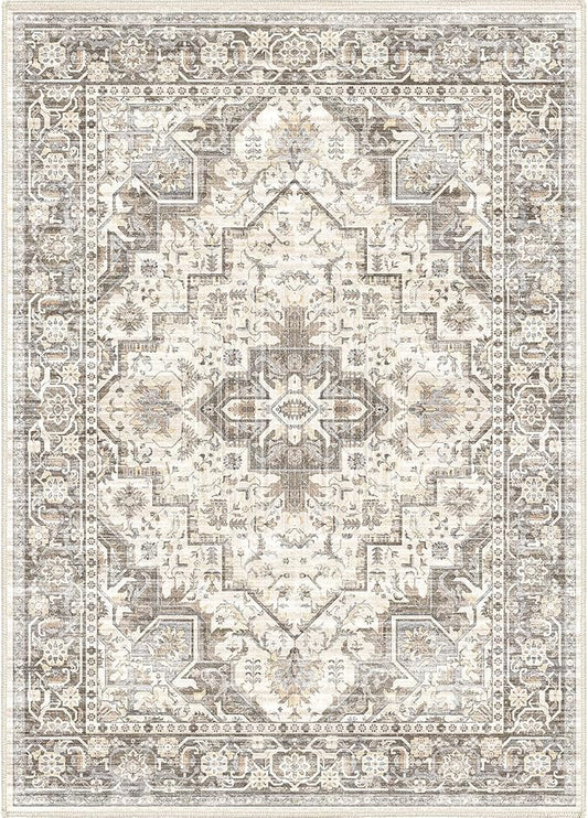Washable Vintage Area Rug 9x12，Printed Vintage Home Decor, Floor Decoration Carpet Mat，Thin Rug for Living Room, Distressed Oriental Reto Indoor Floor Carpet Rug (Brown Beige 9x12)