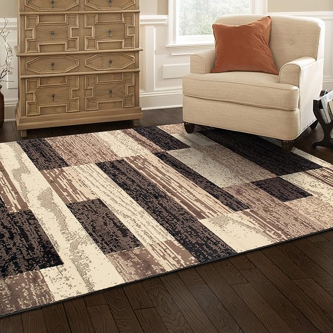 SUPERIOR Indoor Area Rug, Jute Backed, Modern Geometric Patchwork Floor Decor for Bedroom, Office, Living Room, Entryway, Hardwood Floors, Rockwood Collection, 9' x 12', Chocolate