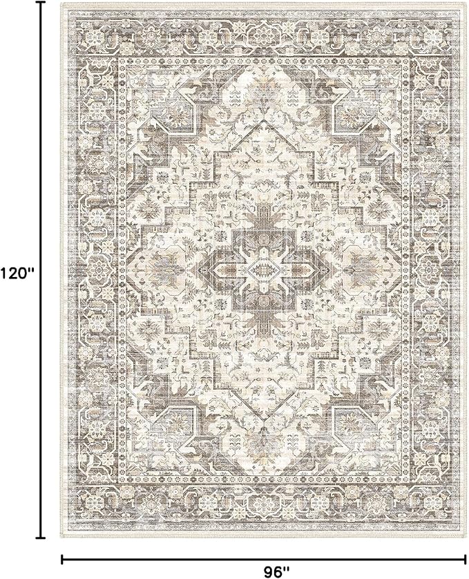 Washable Vintage Area Rug 8x10，Printed Vintage Home Decor, Floor Decoration Carpet Mat，Thin Rug for Living Room, Distressed Oriental Reto Indoor Floor Carpet Rug (Brown Beige 8x10)