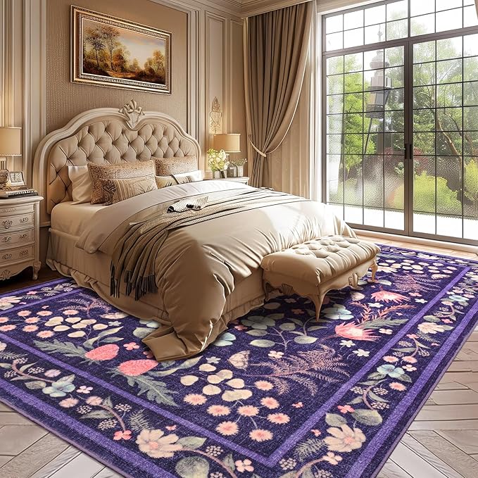 Area Rugs for Living Room, 6x9 Washable Non-Slip Rug for Bedroom, Vintage Floral Carpet for Home Office Nursery Dining Room Kitchen, Purple