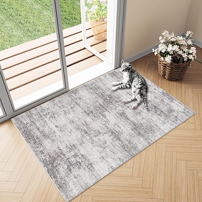 2x3 Small Rug Washable Area Rug Grey Entryway Rugs Entrance Door Mat Abstract Low Pile Carpet for Kitchen Bedroom Office Non Slip