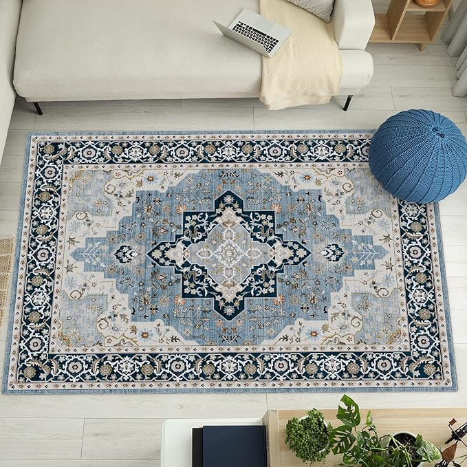 Washable Area Rug 5x7 Non-Slip, Navy Blue Boho Rugs for Living Room Decor，Indoor Mat for Front Porch, Kitchen, Laundry Room, Bathroom