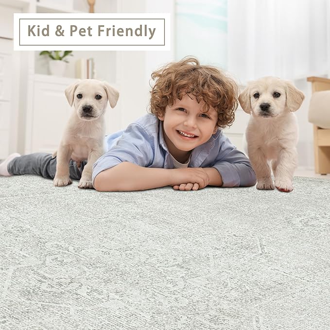 Washable Rugs 5x7 Area Rugs for Living Room,Bedroom,Large Carpets,Ultra Soft Faux Wool Retro Dining Room Rug,Non Slip&Non-Shedding Low Pile Vintage Rugs for Home Office,Concrete Grey