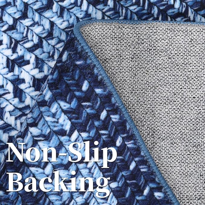 Washable Runner Rug 2x8 Bathroom Rugs Blue Modern Printed Braided Bedroom Rug Non Slip Geometric Area Rug Kitchen Rugs Stain Resistant Carpet for Laundry 2'x8' Navy Blue