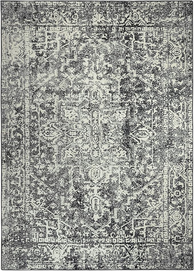 Morebes Vintage Black 5x7 Area Rugs for Living Room, Washable Large Bedroom Rug with Non Slip Rubber Backing, Medallion Distressed Soft Low Pile Carpet for Home Decor (5'x7',Black/White)