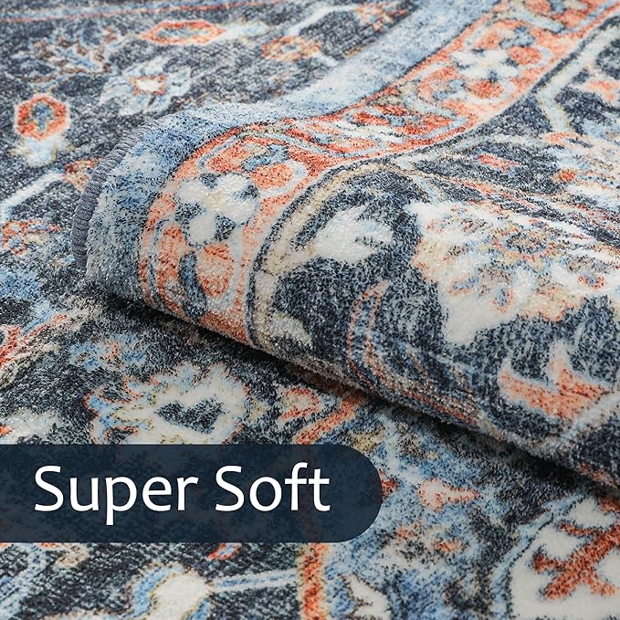 2x6 Runner Rug, Ultra-Thin Bathroom Rug, Blue Low Pile Laundry Room Mat, Machine Washable Boho Rug for Hallways Entryway Kitchen Bathroom Bedside Camper