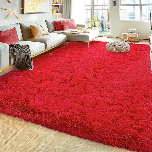 Ultra Fluffy Rug for Living Room Bedroom, 5x7 Fuzzy Large Area Rug for Living Room, Plush Soft Shag Carpet for Girl Boy Kids, Non Slip Rug Modern Indoor Home Decor Aesthetic, Red