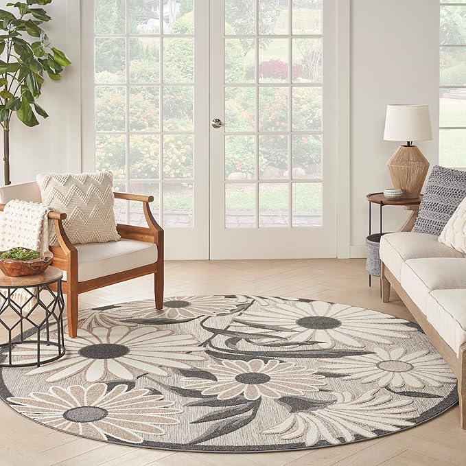 Nourison Aloha Indoor/Outdoor Beige 7’10” x Round Area Rug, Easy Cleaning, Non Shedding, Bed Room, Living Room, Dining Room, Backyard, Deck, Patio (8 Round)